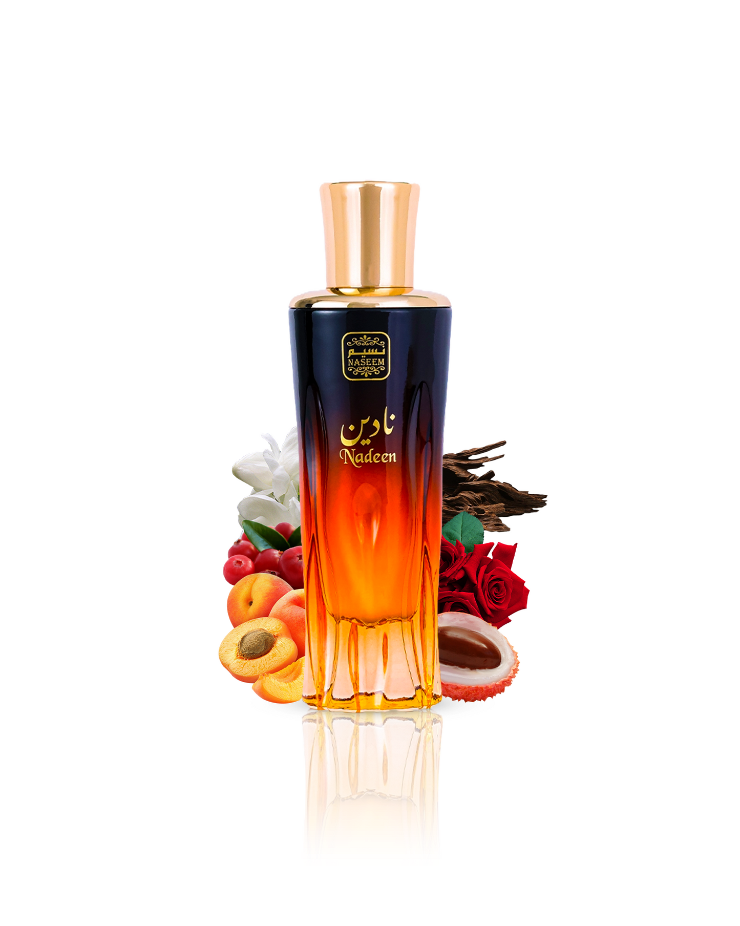 nadeen aqua parfum by naseem perfume bottle surrounded with its ingredients like litchie and peach with more others shoes from behind the bottle against white background