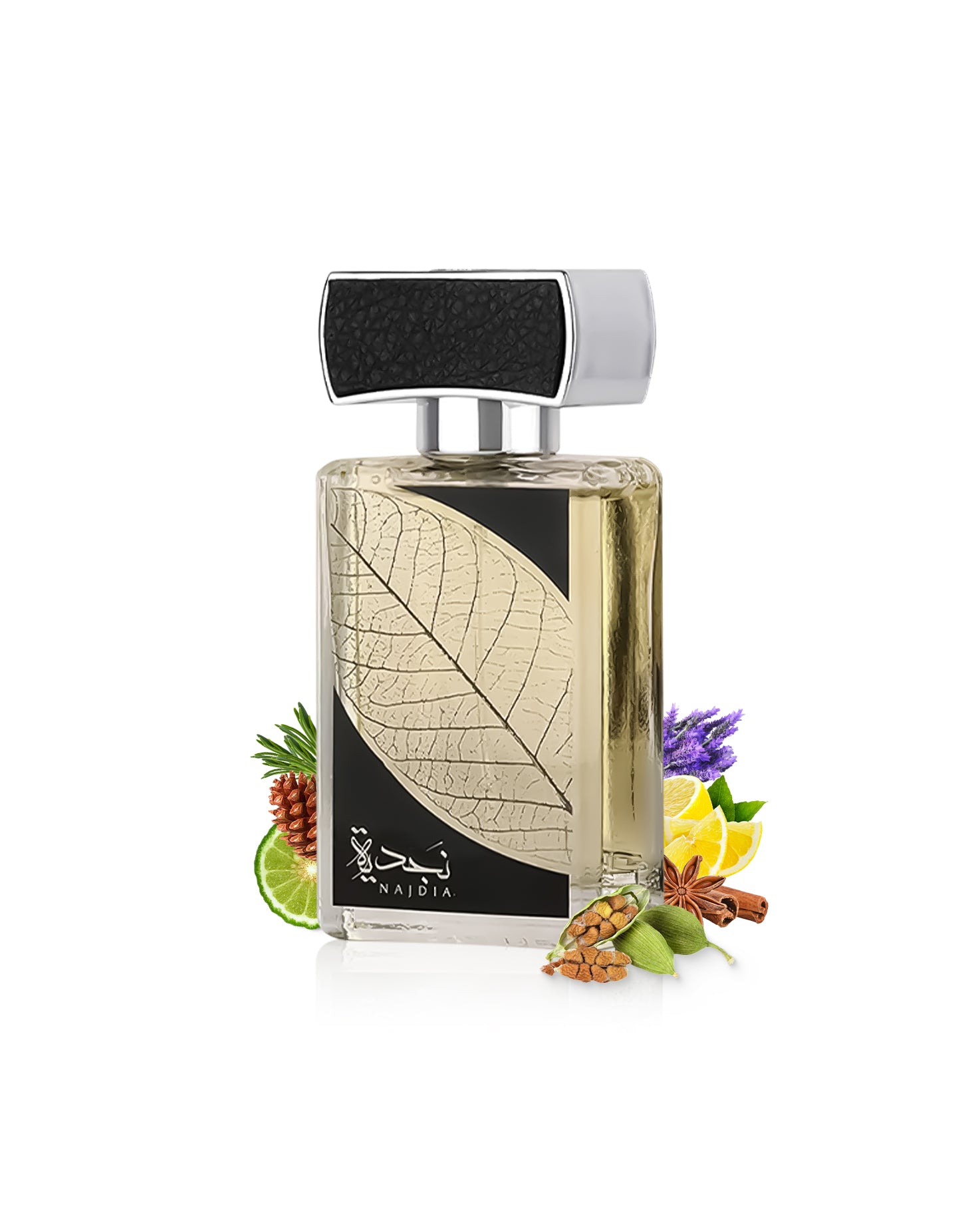 lattafa najdia 30 ml perfume bottle surrounded with spices cardamom and lavender shows from behind the bottle against white background