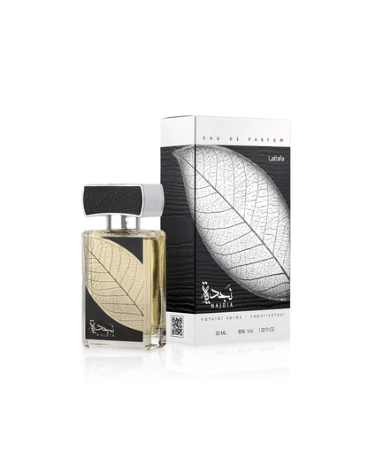 lattafa najdia 30 ml perfume bottle shows beside its box against white background