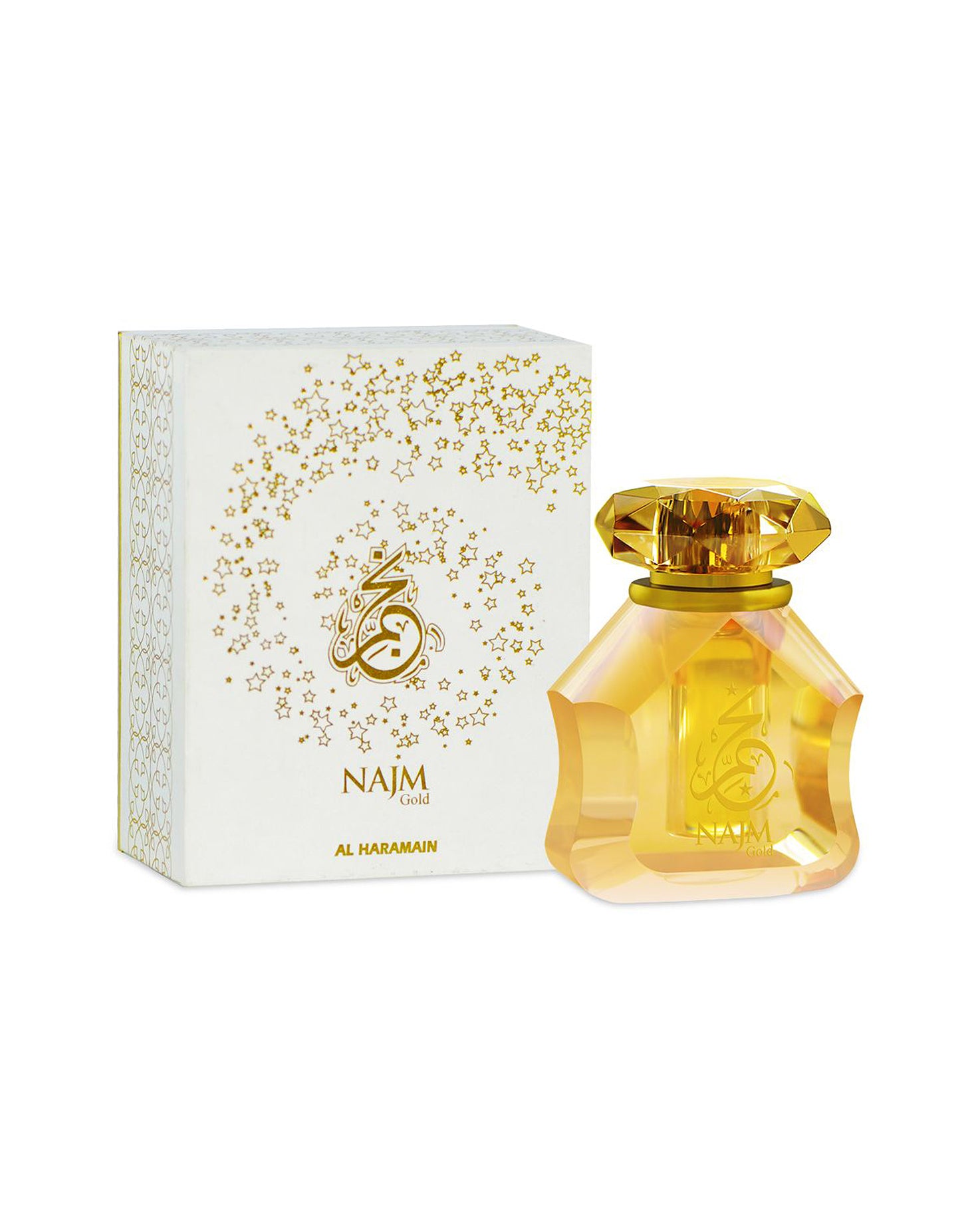 najm gold perfume oil bottle shows beside its box against white background