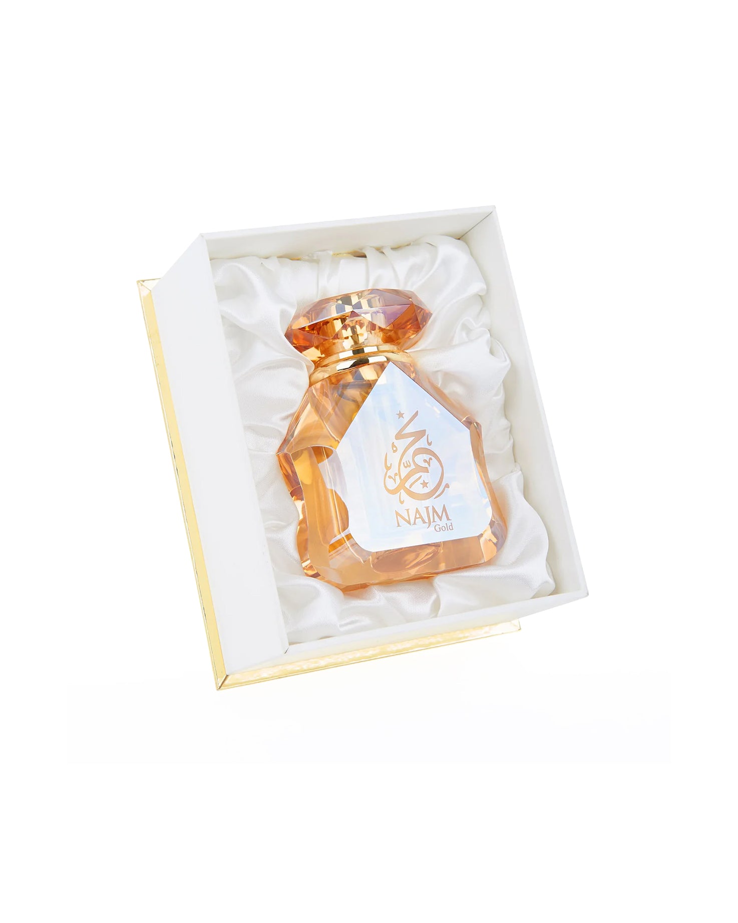 najm gold perfume oil bottle shows from beside the luxurious box against white background