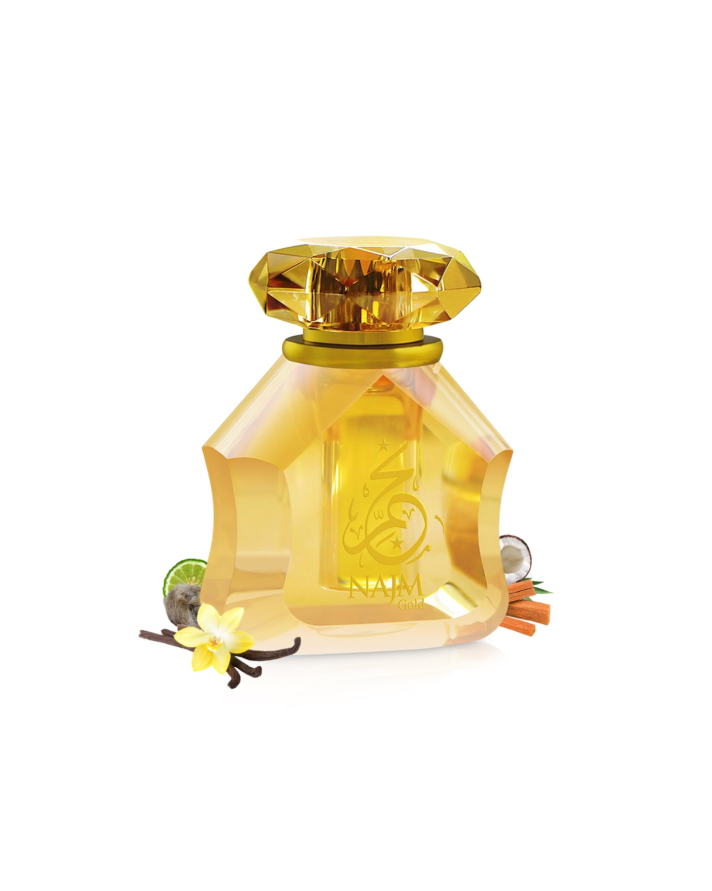 najm gold perfume oil bottle surrounded with fragrance notes like vanilla and cocnut shows from behind the bottle against white background