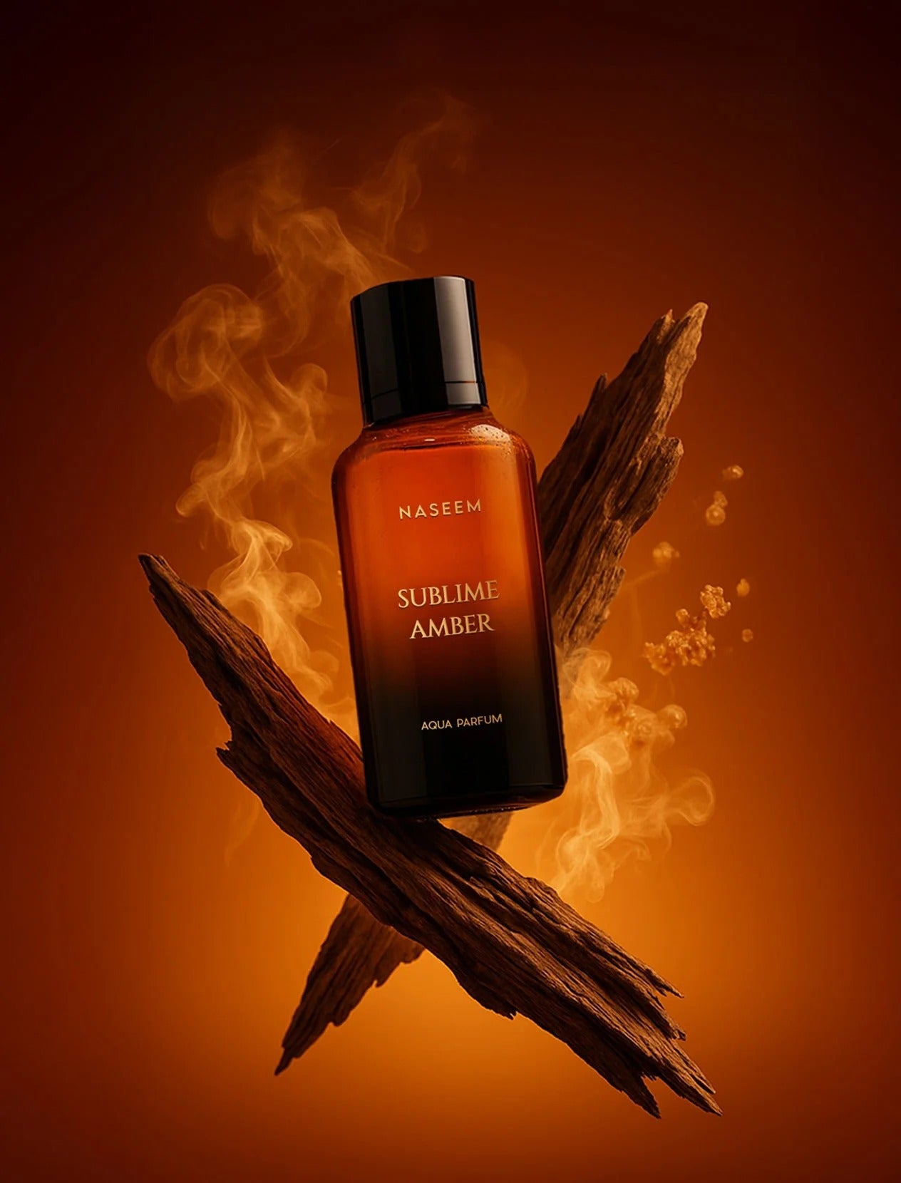 Naseem Sublime Amber perfume bottle with wooden elements and smoke on an orange background
