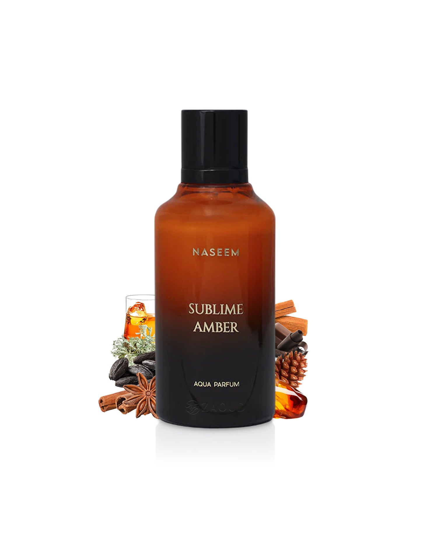 Naseem Sublime Amber perfume bottle with decorative elements on a white background
