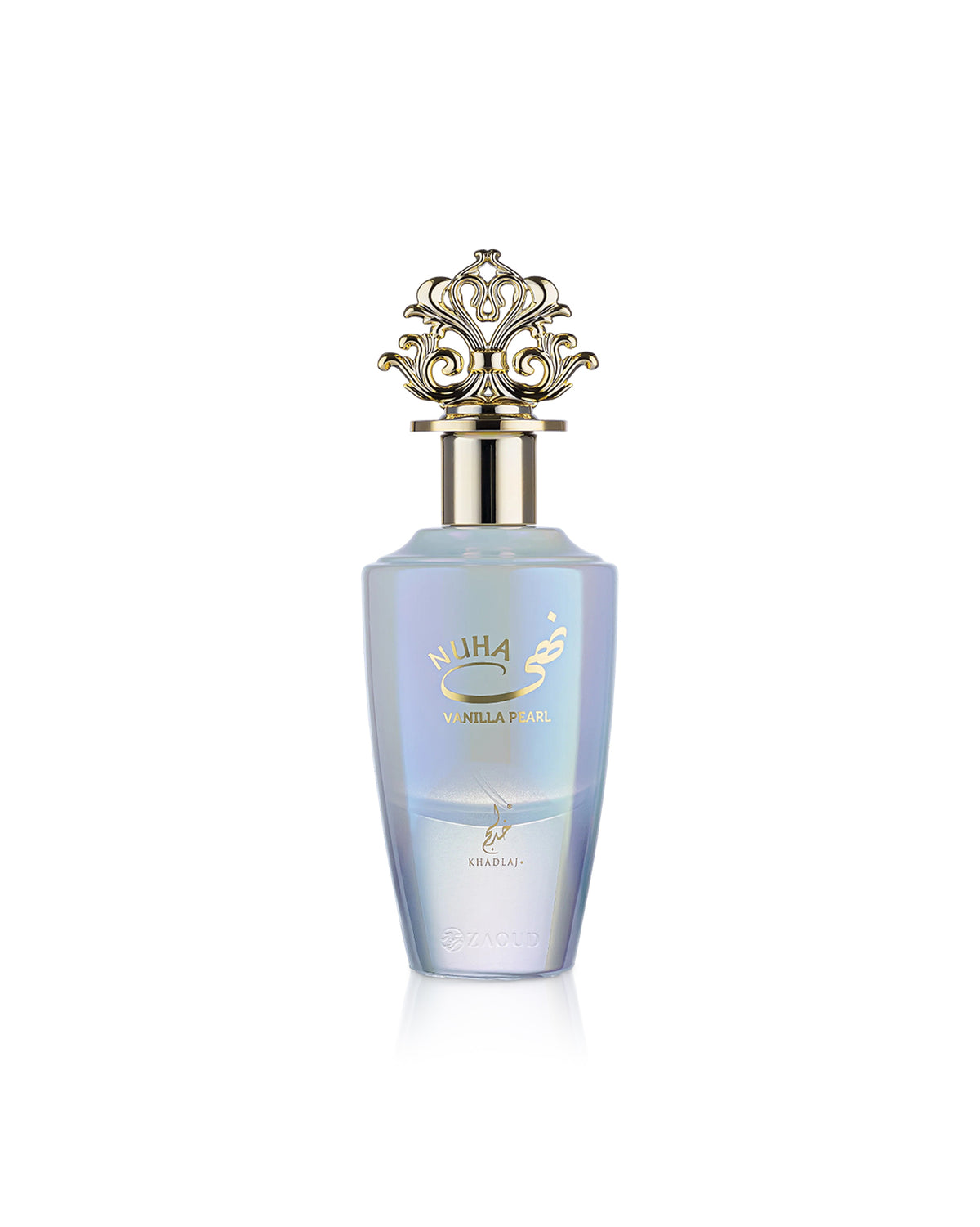 A bottle of nuha Vanilla pearl perfume with a light blue iridescent body, gold lettering, and an ornate gold cap, set against a plain white background.