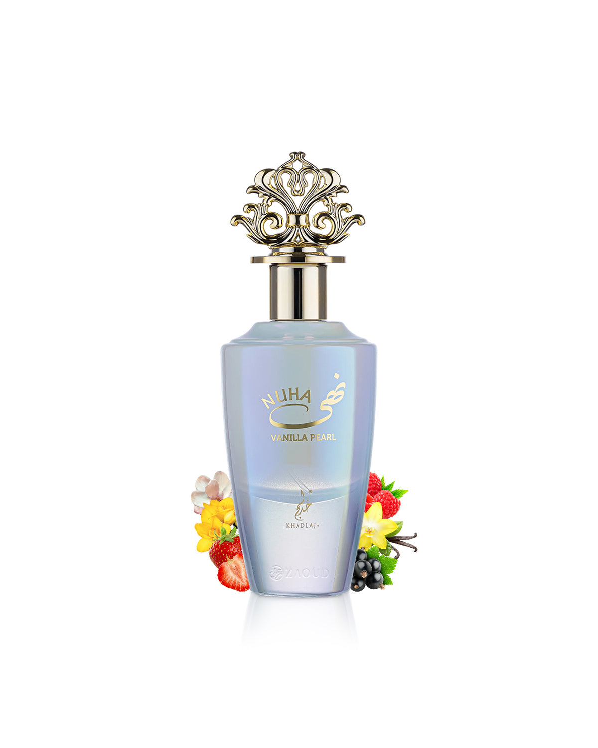A bottle of nuha Vanilla pearl perfume with a light blue body, gold lettering, and an ornate gold cap, styled with small flowers and berries on a white background.