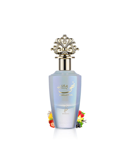 khadlaj nuha vanilla pearl perfume bottle surrounded with fragrance notes like strawberry and vanilla shows against white background