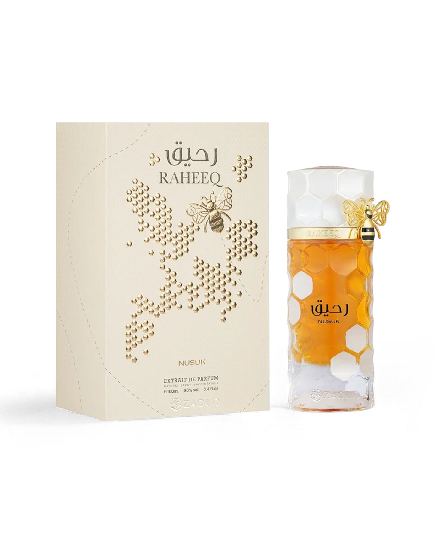 nusuk raheeq perfume bottle and packaging on a white background