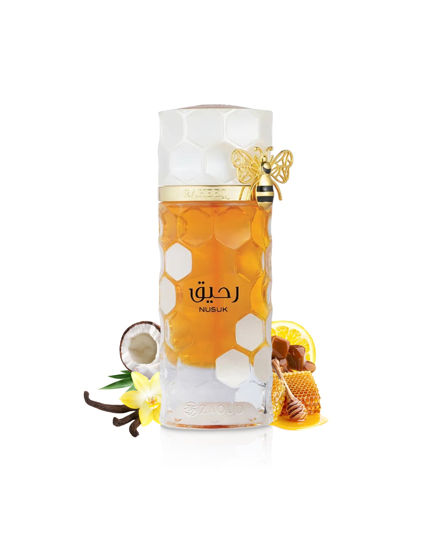 nusuk raheeq Honey-themed glass bottle with bee and honeycomb design on a white background