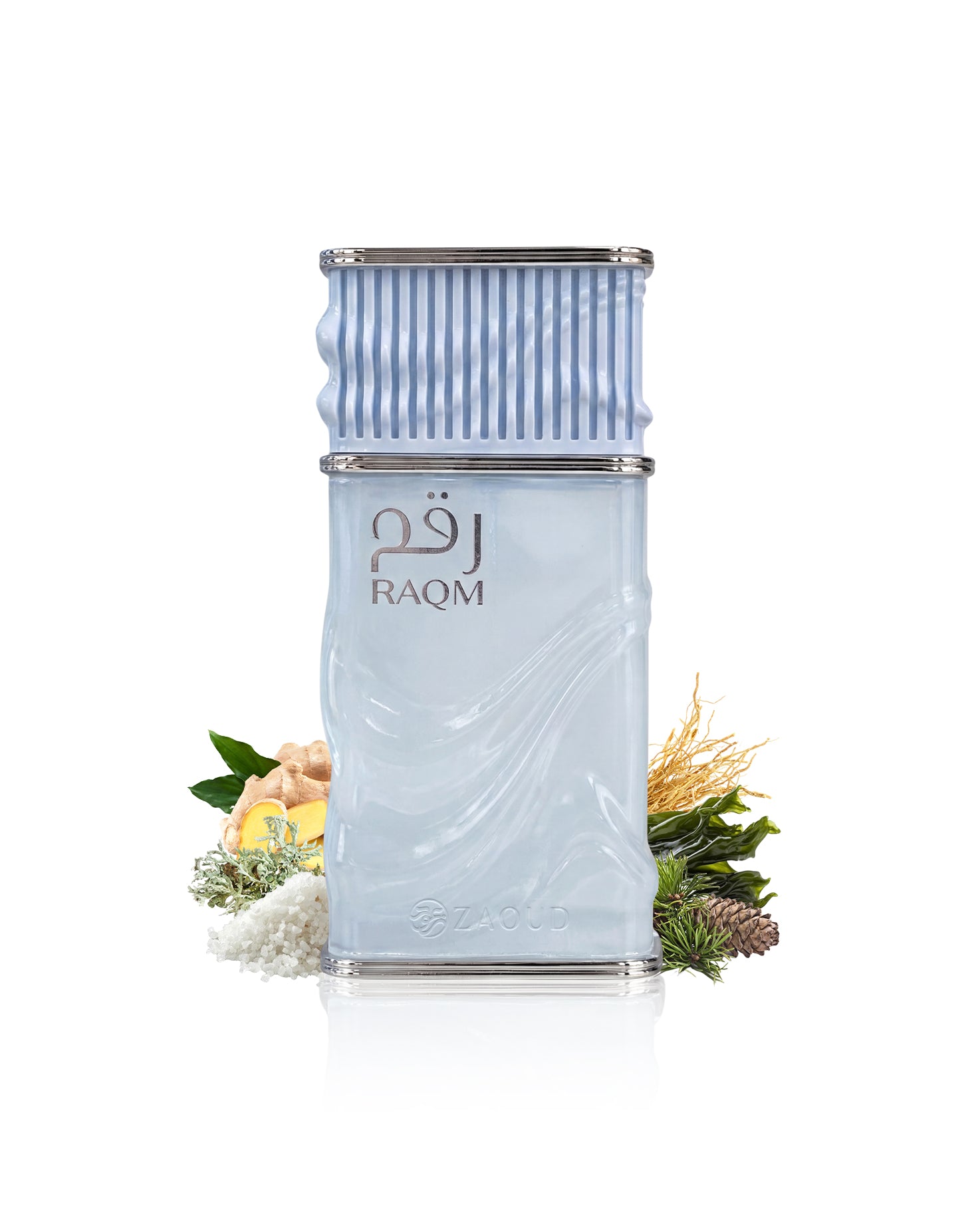 nusuk raqm perfume bottle surrounded by fragrance notes like salt and ginger shows against white background