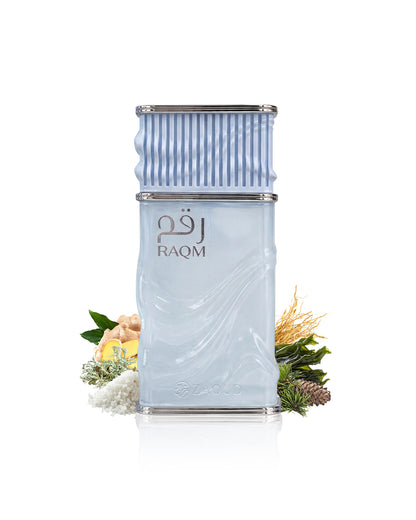 nusuk raqm perfume bottle surrounded by fragrance notes like salt and ginger shows against white background