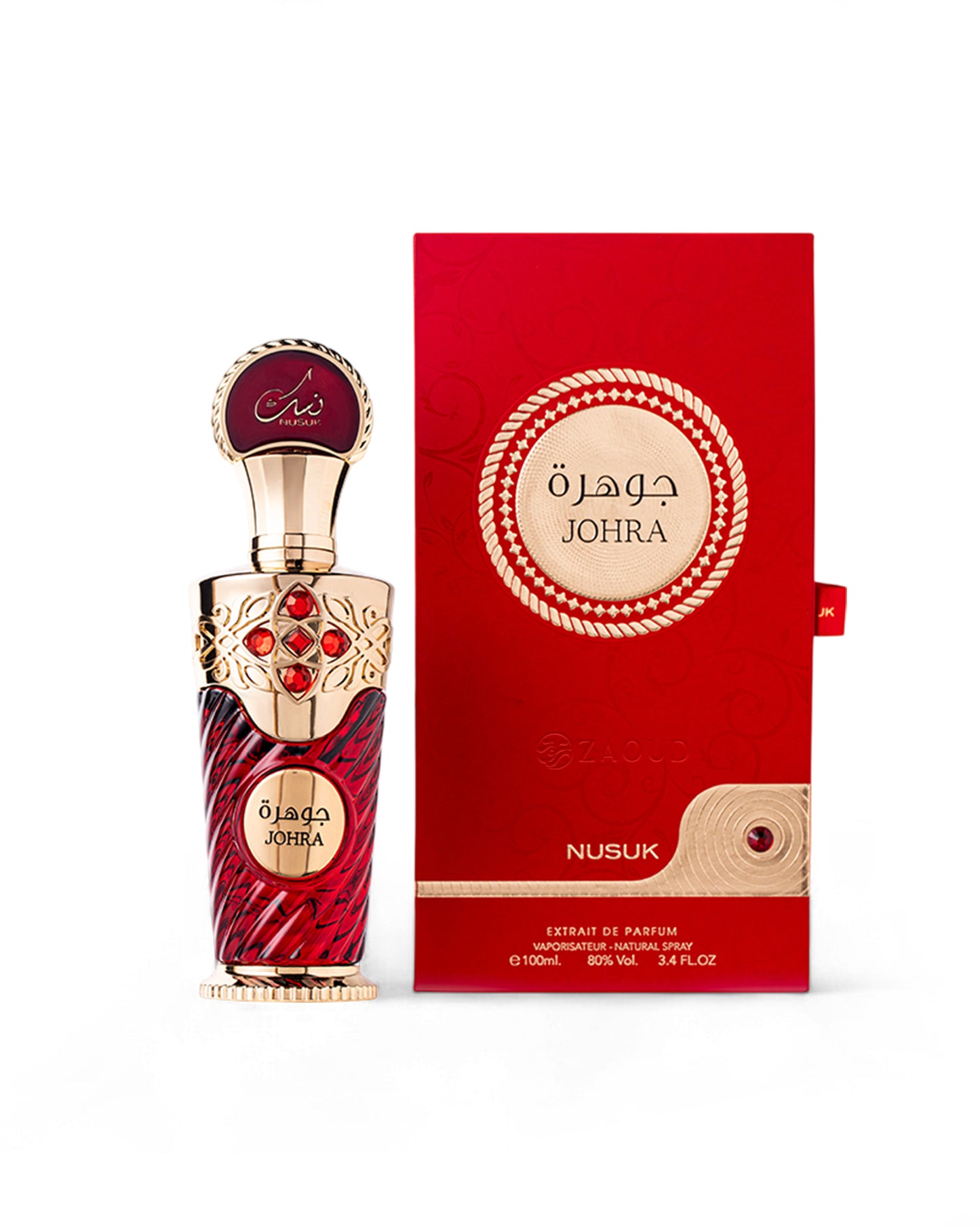 nusuk johra perfume bottle shows beside its packaging against white background