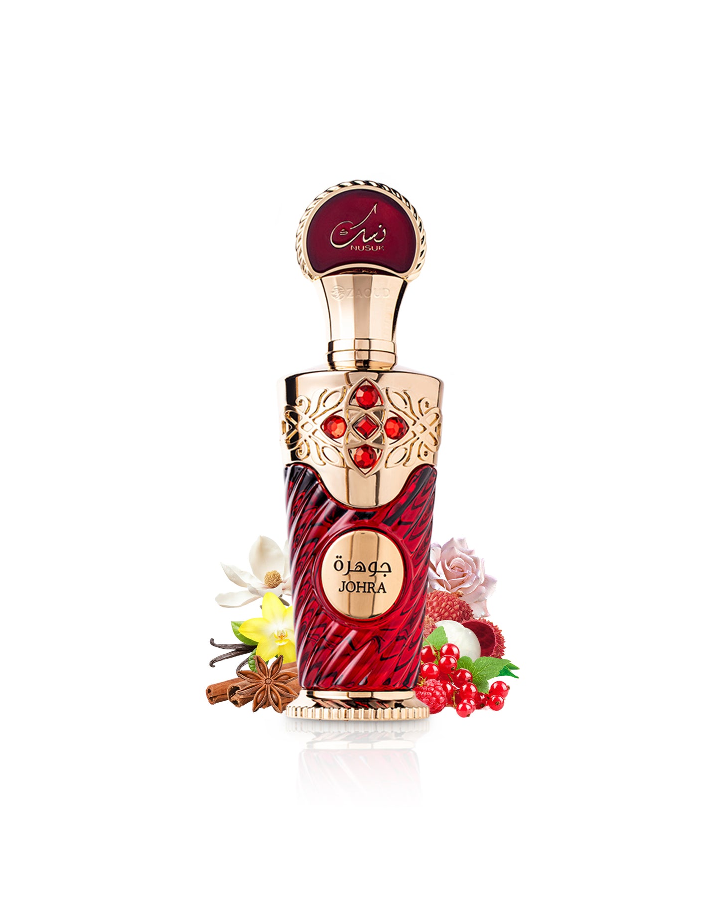 nusuk johra perfume bottle surrounded by fragrance notes like red fruits and rose shows against white background