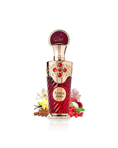 nusuk johra perfume bottle surrounded by fragrance notes like red fruits and rose shows against white background