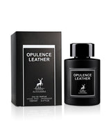 opulence leather perfume bottle shows beside its box against white background