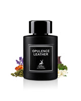 opulence leather perfume bottle surrounded with fragrance notes like amber and cardamom shows from behind the bottle against white background