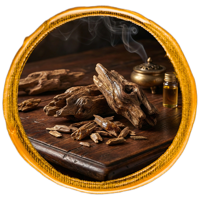 agarwood oud chips on a wooden surface with a bottle of oil and incense burner, framed by a decorative border.