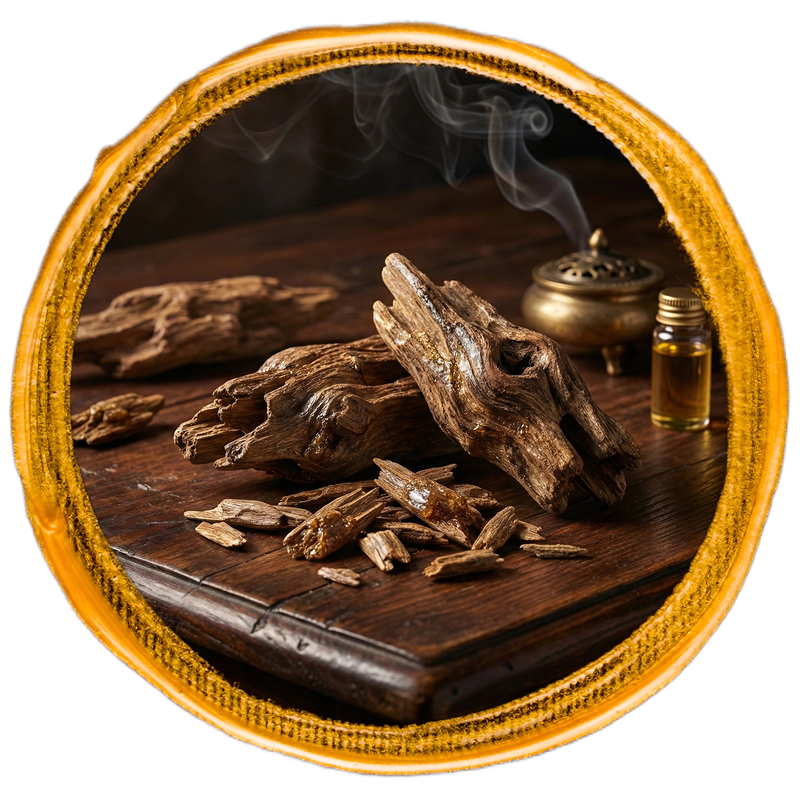 agarwood oud chips on a wooden surface with a bottle of oil and incense burner, framed by a decorative border.