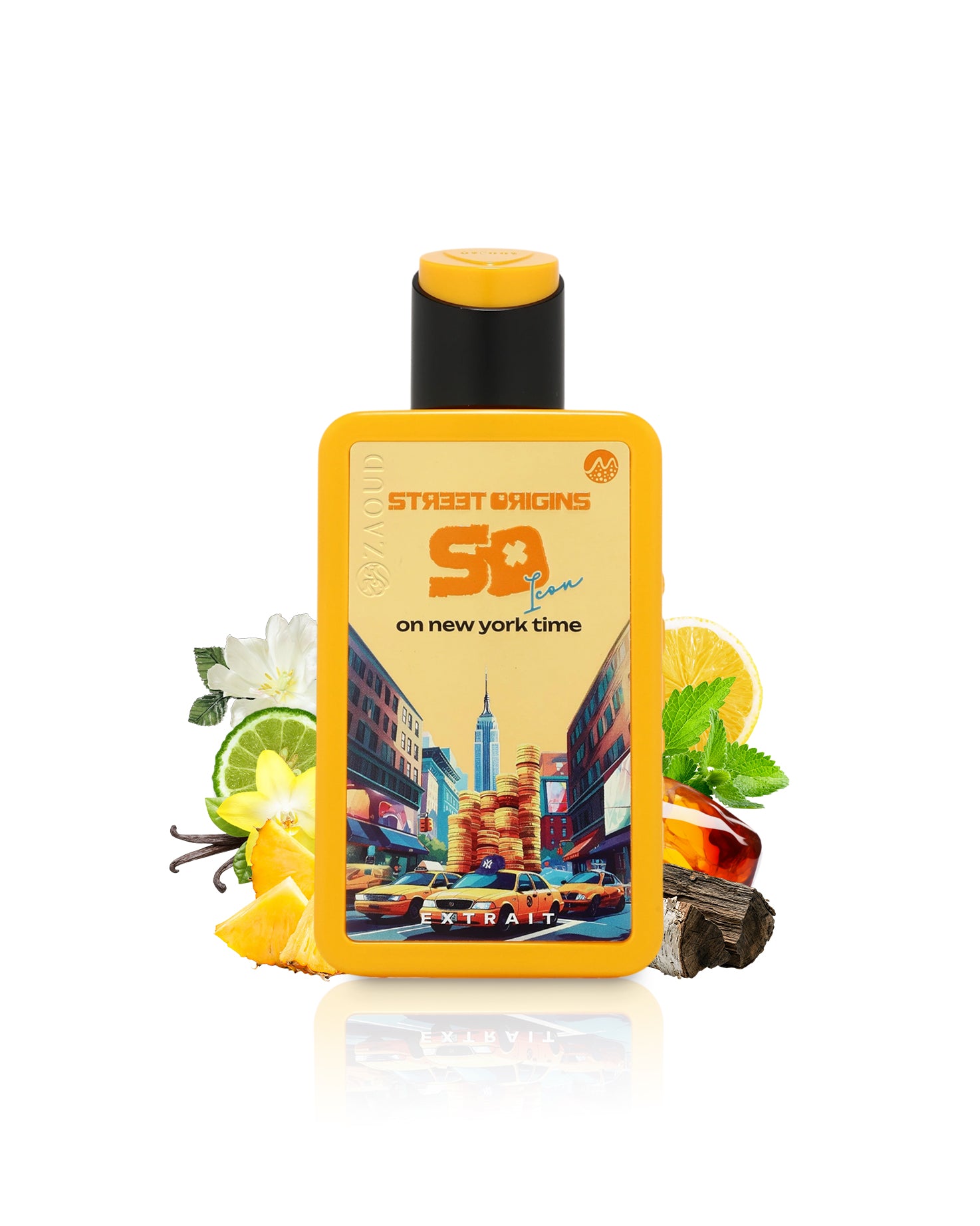 on new york time perfume bottle surrounded by fragrance notes like pineapple and wood shows against white background