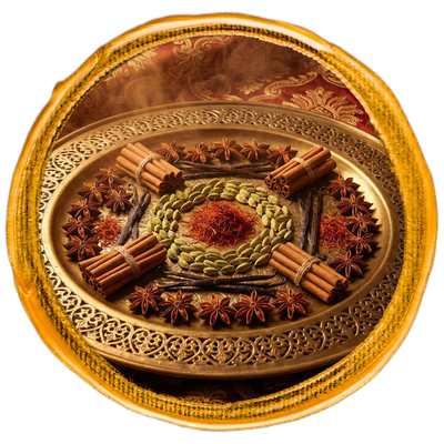 Decorative plate with spices and herbs on a white background