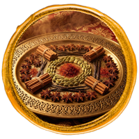 Decorative plate with spices and herbs on a white background