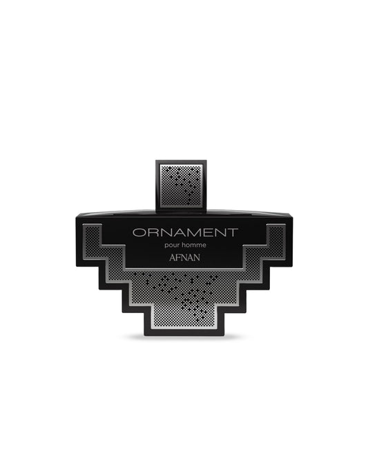 Afnan ornament pour homme Black perfume bottle labeled 'Ornament pour homme' by Afnan on a white background