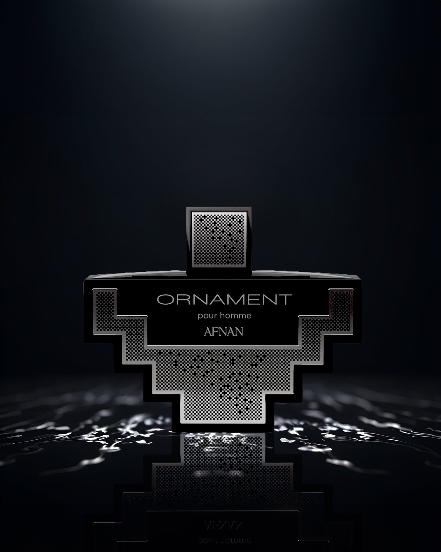 Ornament pour homme edp perfume bottle aphotograph over reflected surface against dark background