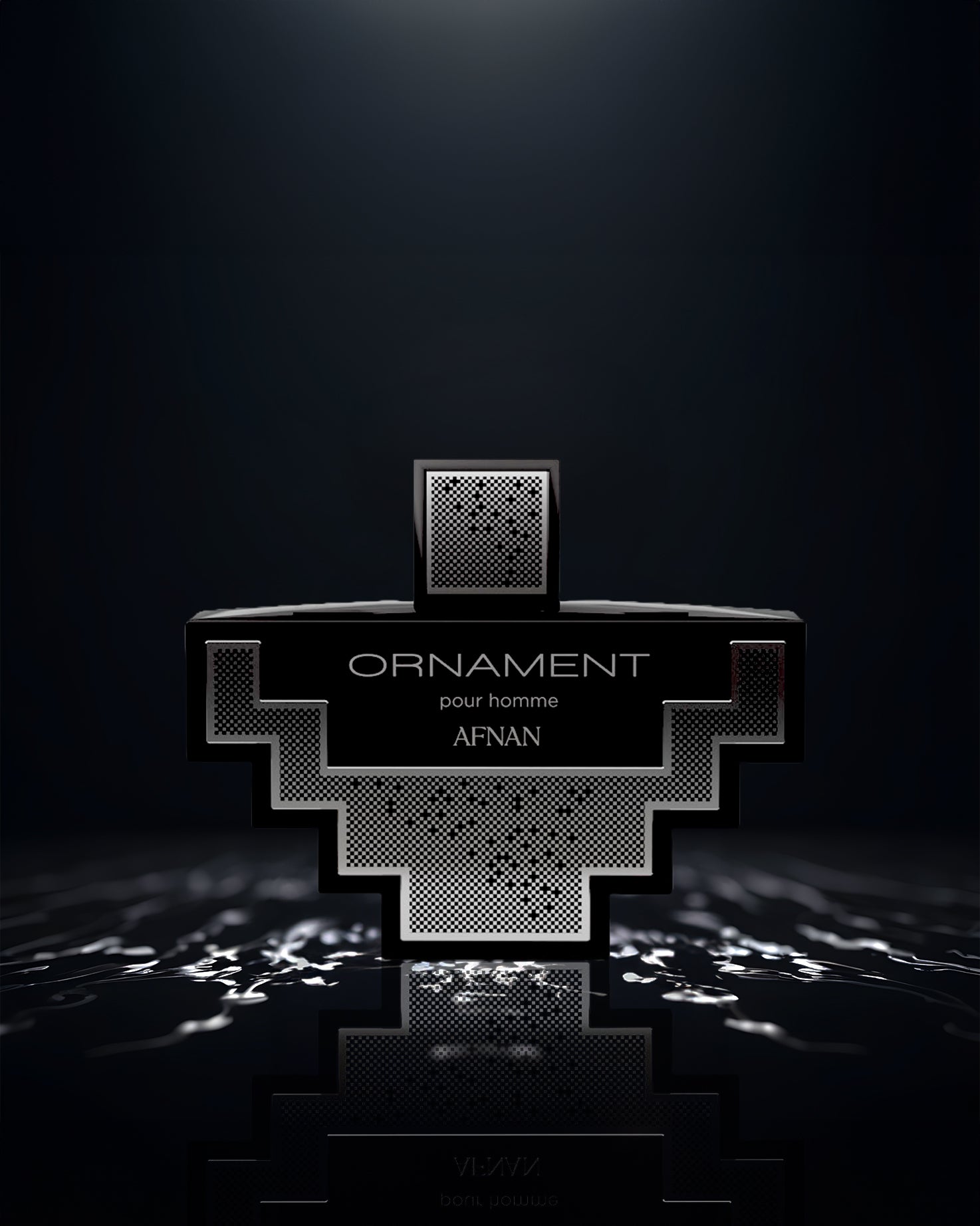 Ornament pour homme edp perfume bottle aphotograph over reflected surface against dark background