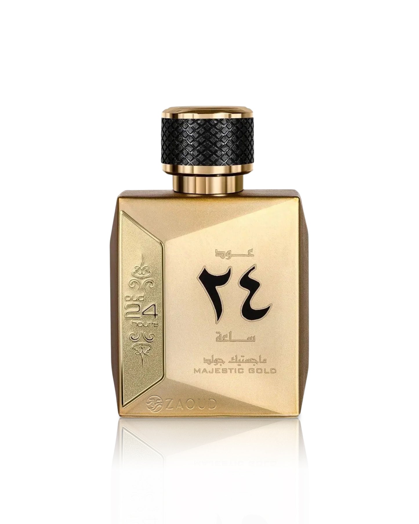 OUD 24 HOURS MAJESTIC perfume bottle shows against white background