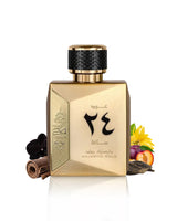 OUD 24 HOURS MAJESTIC perfume bottle  surrounded by fragrance notes like leather and plum shows against white background