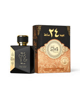 oud 24 hours perfume bottle shows beside its packaging against white background