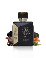 oud 24 hours perfume bottle surrounded by black orchid and cardamom shows against white background