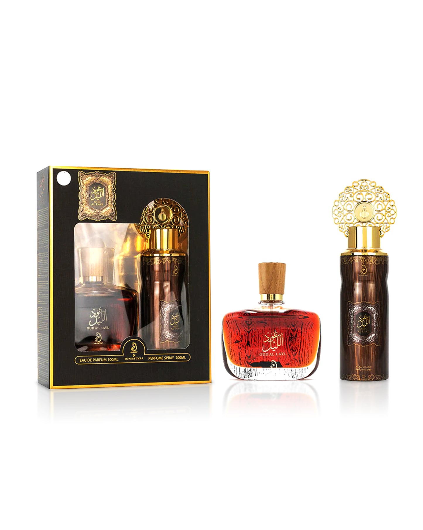 oud al layl gift set box besides perfume and deodorant bottle shows against white background