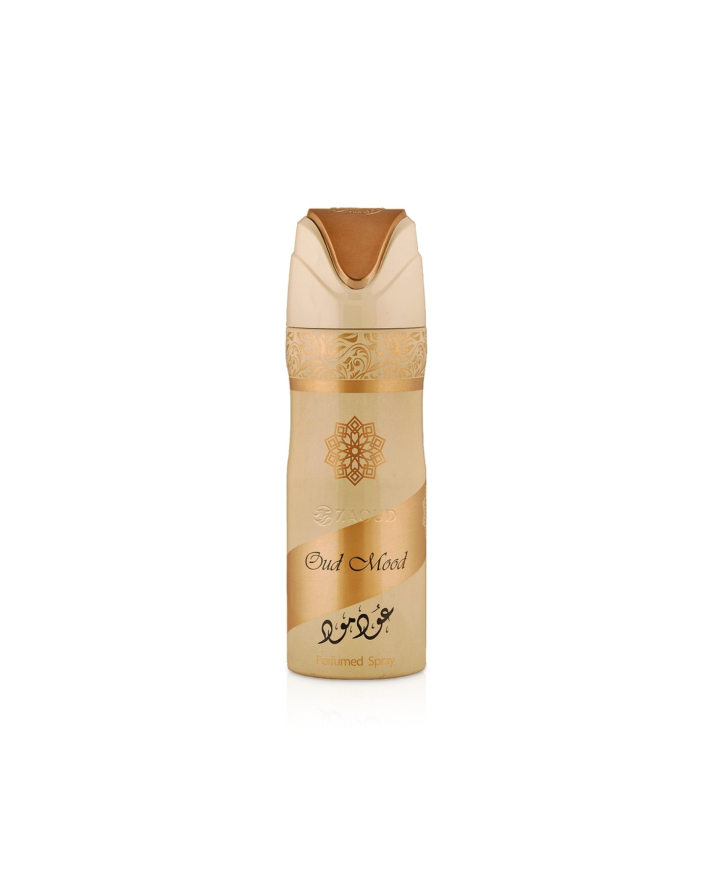 lattafa oud mood deodorant bottle shows against white background 