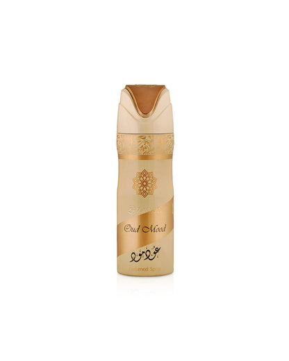 lattafa oud mood deodorant bottle shows against white background 