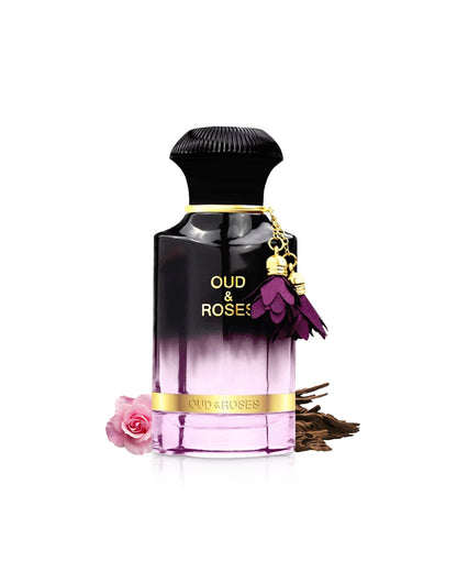 ahmed al maghribi oud and roses perfume bottle surrounded with fragrance notes like rose and oud  shows from behind the bottle against white background