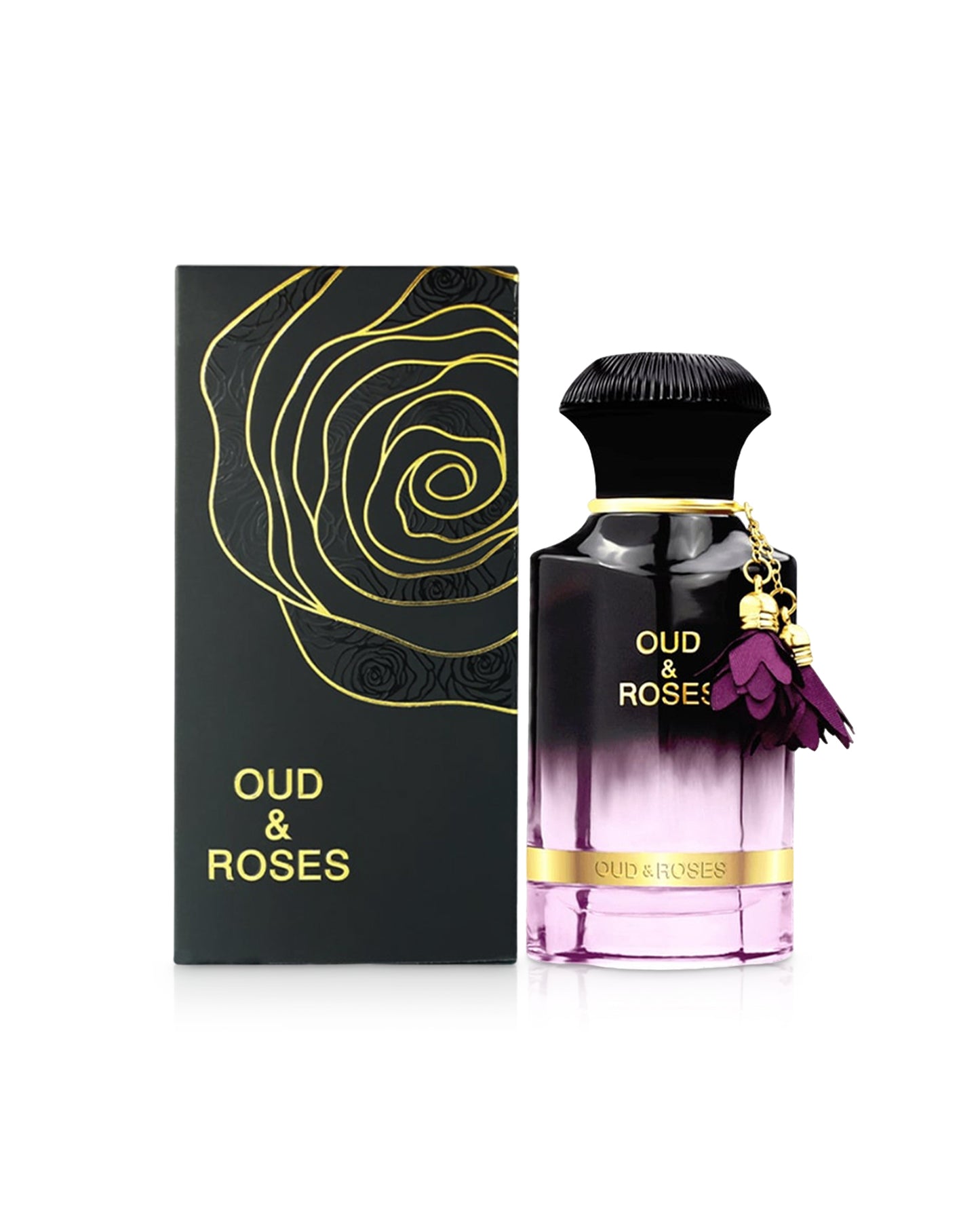 ahmed al maghribi oud and roses perfume bottle shows beside its box against white background