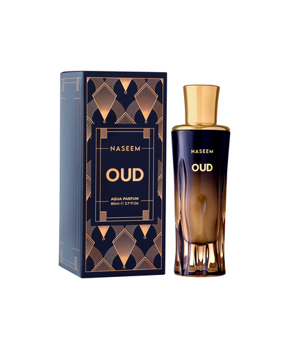 oud aqua parfum by naseem perfume bottle beside its box shows against white background