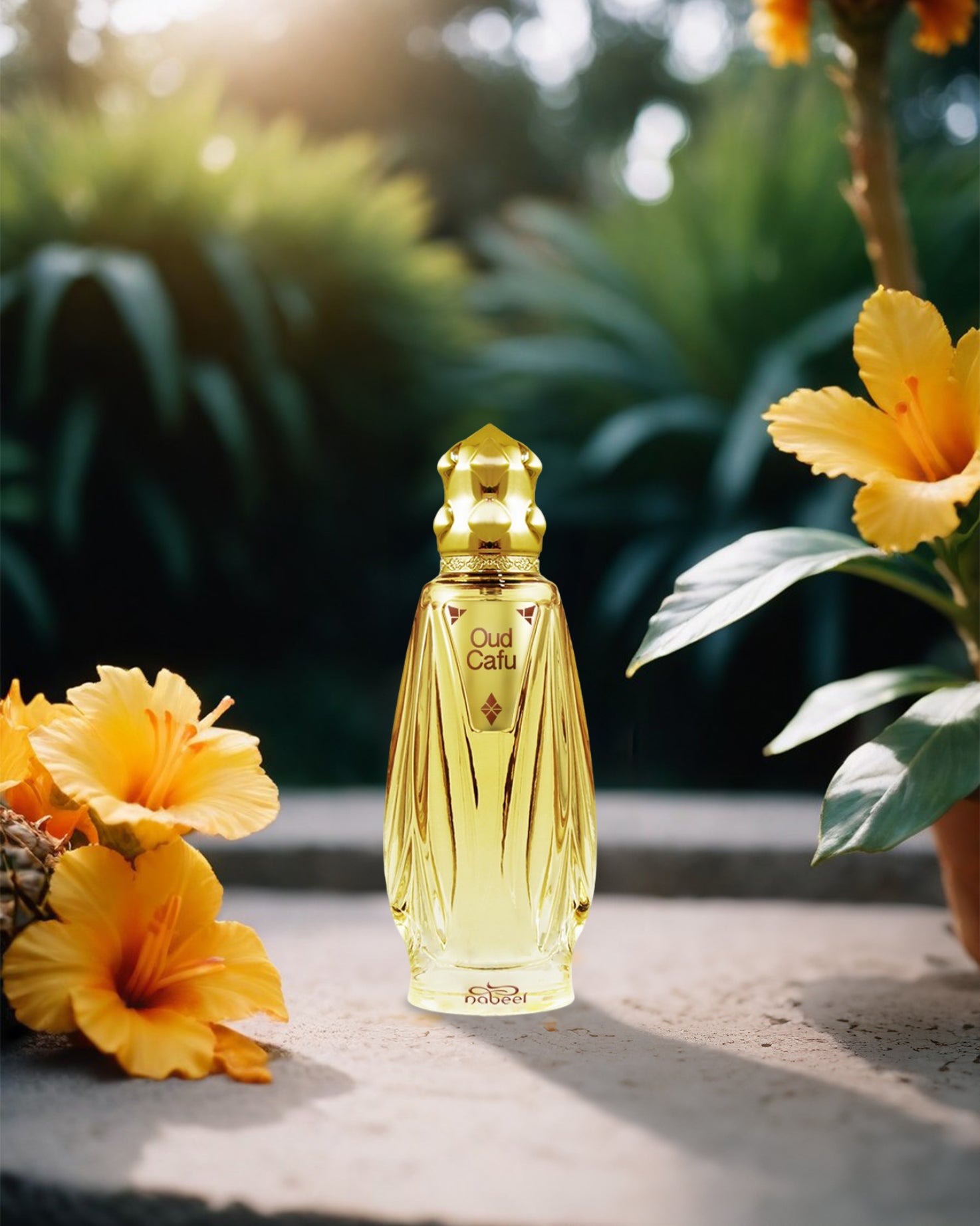 oud cafu by nabeel golden glass perfume bottle photograph over marvel surface besides some yellow flowers.