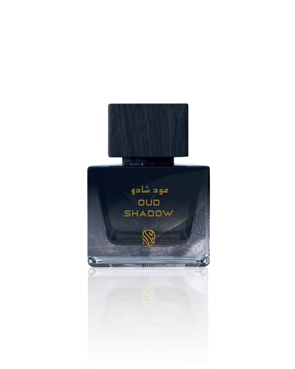 Oud shadow perfume bottle against white background