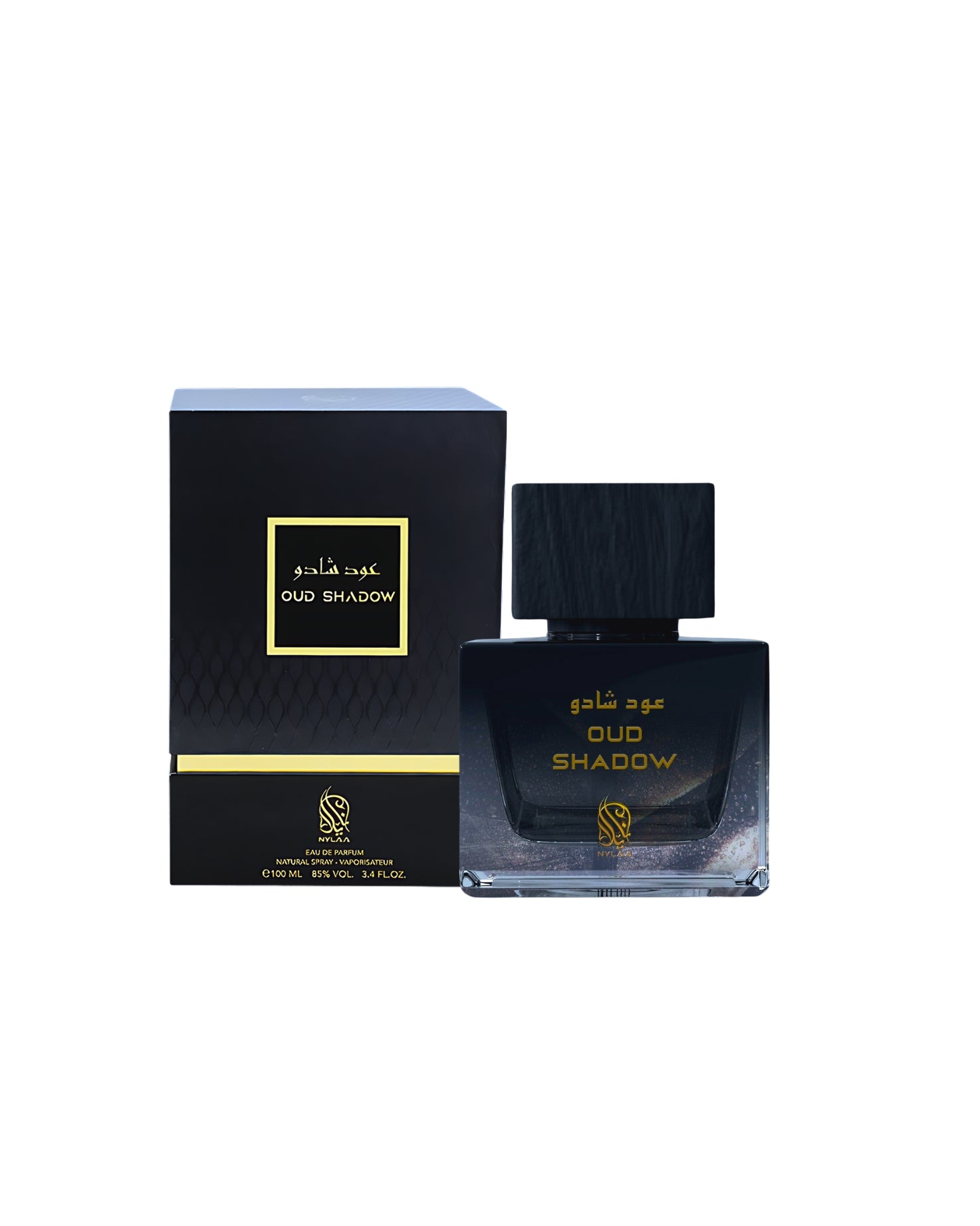 Oud shadow perfume bottle and box against white background