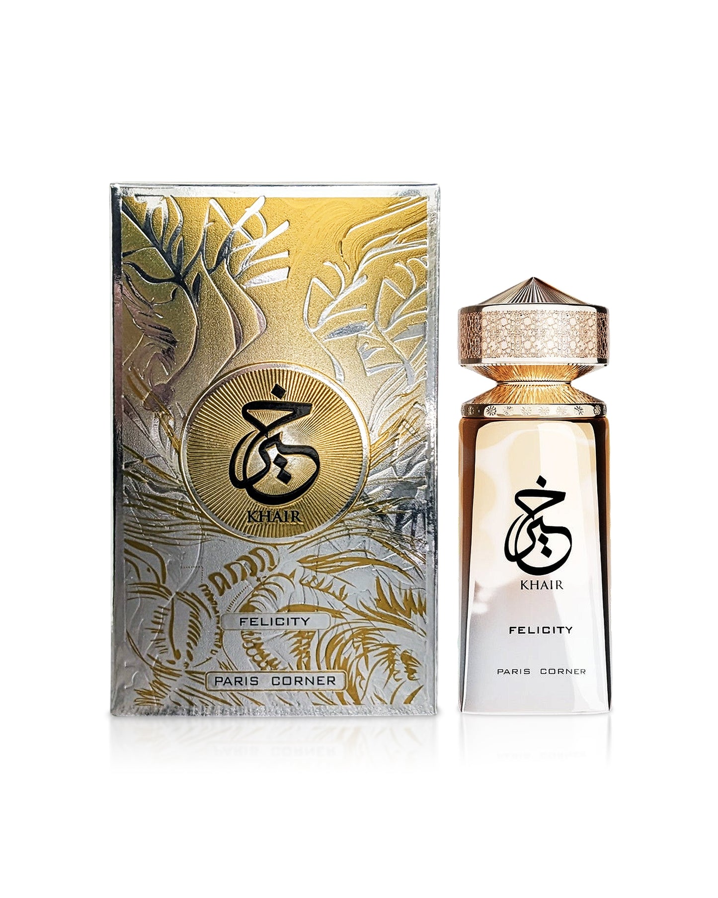 paris corner khair felicity perfume bottle shows beside its box against white background