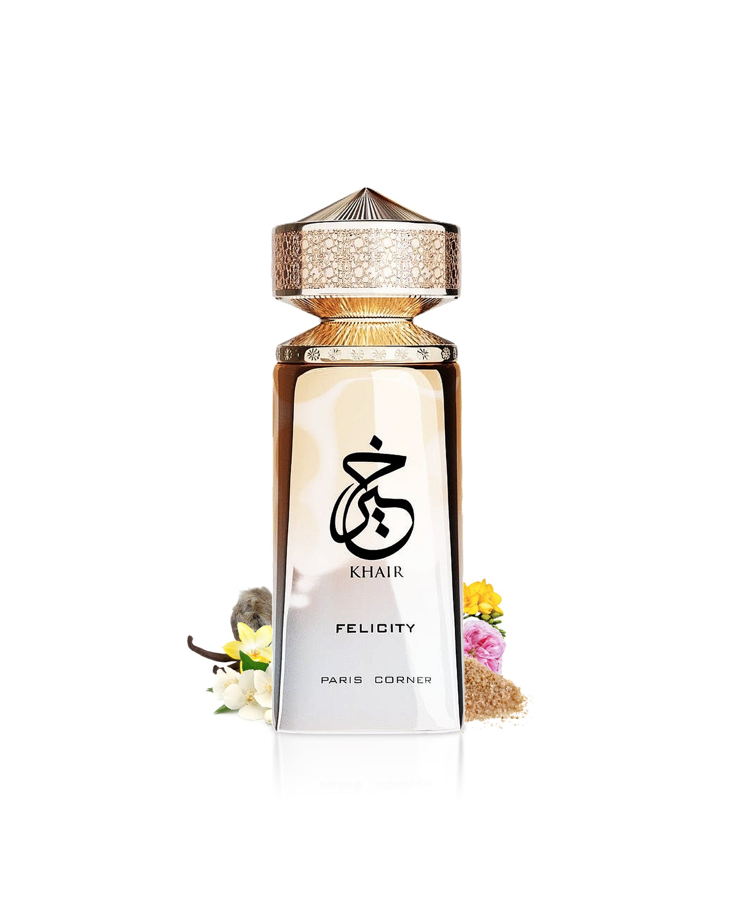 paris corner khair felicity perfume bottle surrounded with fragrance notes like jasmine and rose shows against white background