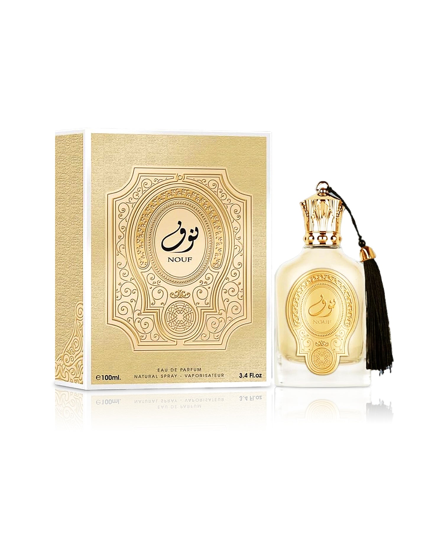 paris corner nouf perfume bottle shows beside its box against white background