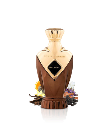 paris corner prodigy perfume bottle surrounded with fragrance notes like oud and tonka beans shows against white background