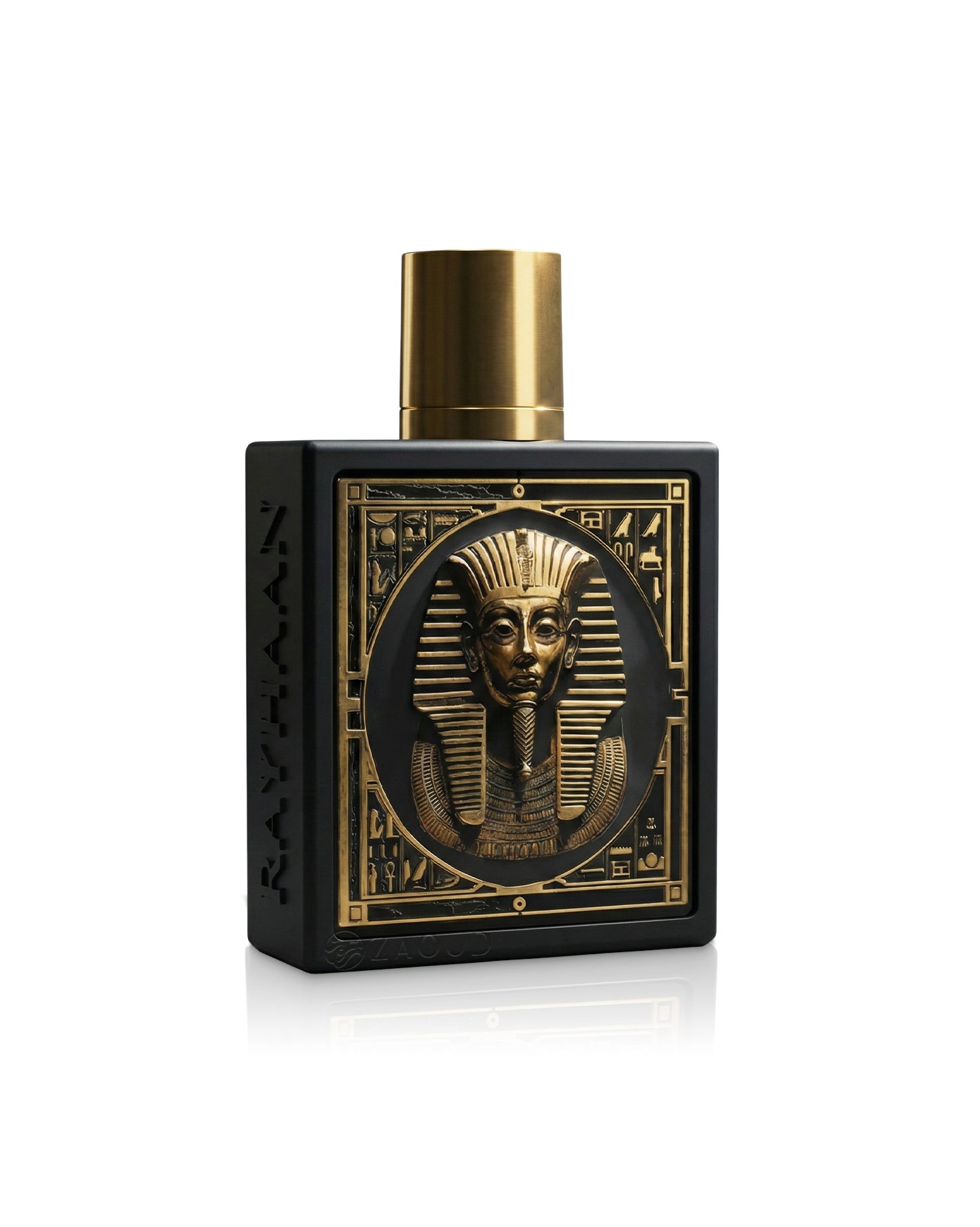 Pharaoh by rayhaan perfume bottle with gold accents and a pharaoh's face design on a white background