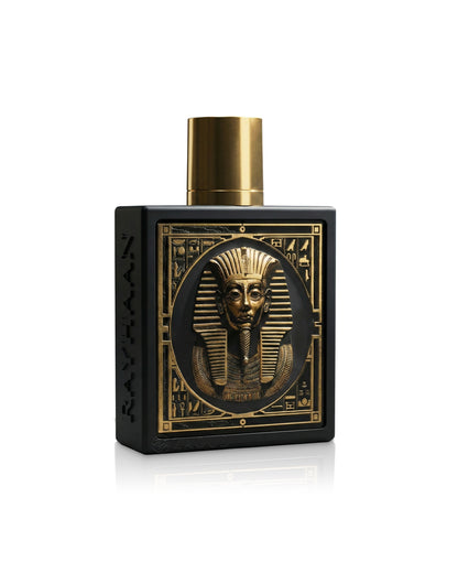 Pharaoh by rayhaan perfume bottle with gold accents and a pharaoh's face design on a white background