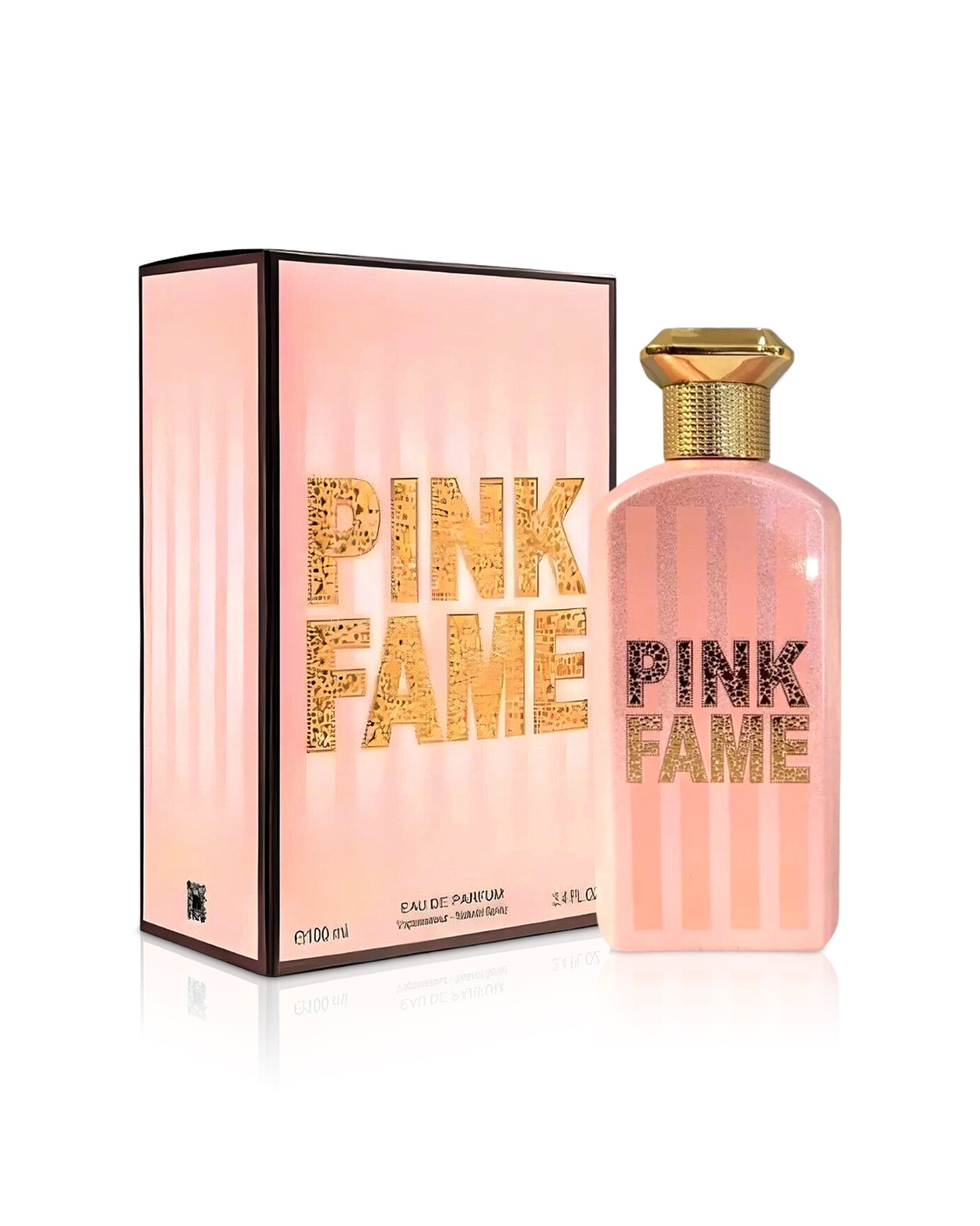 fragrance world pink fame perfume bottle beside box shows against white background