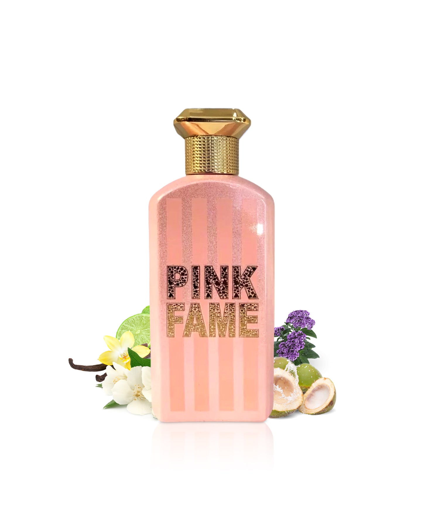 fragrance world pink fame perfume bottle surrounded with its ingredients like jasmine and vanilla besides many others like coconut water shows from behind the bottle  against white background