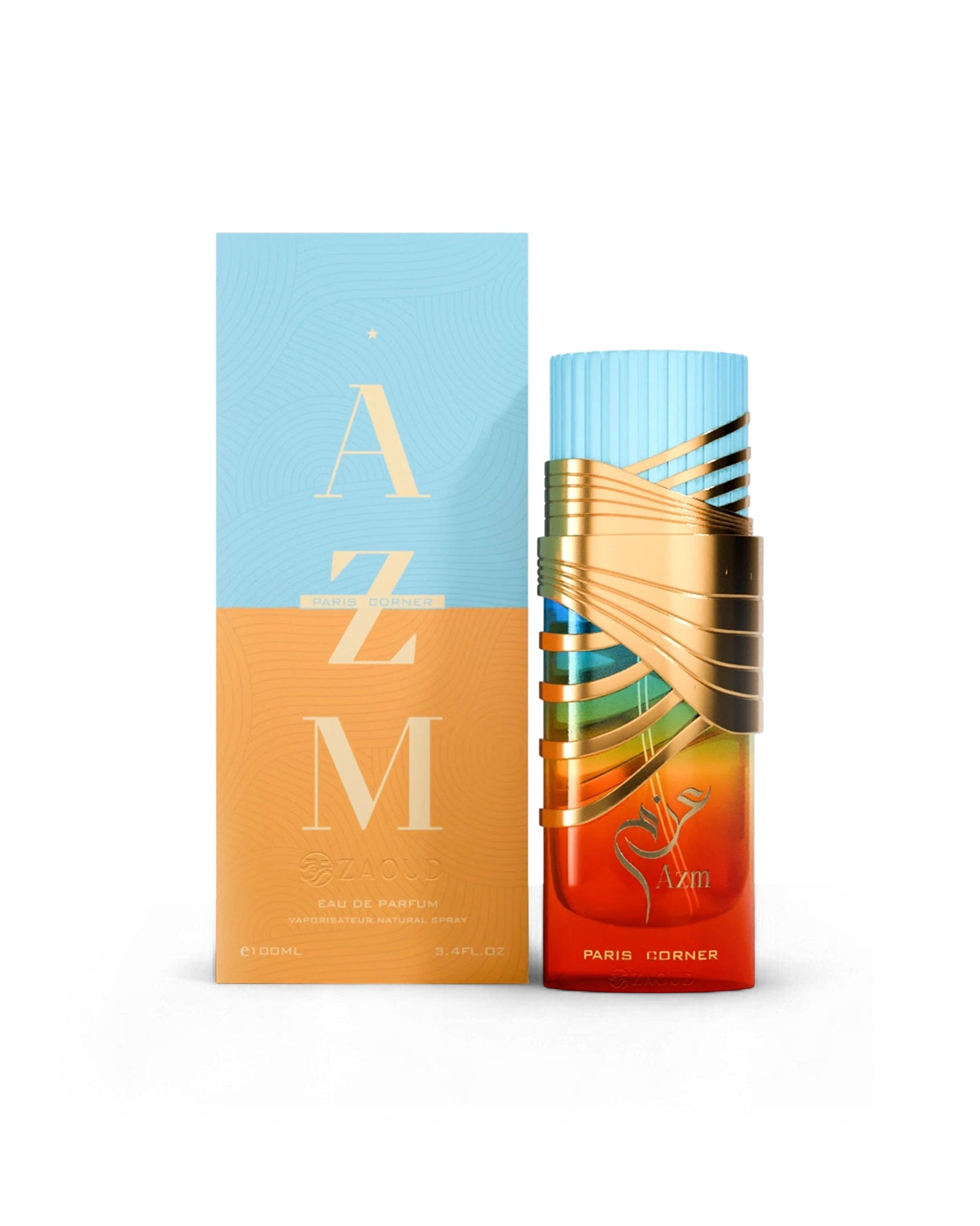 paris corner Perfume bottle and packaging with 'AZM' branding on a white background